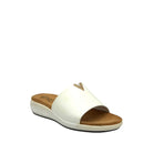 White: EXE BZX7271-VA58 wide-band slide sandal in white with gold-tone hardware detail and white low wedge sole