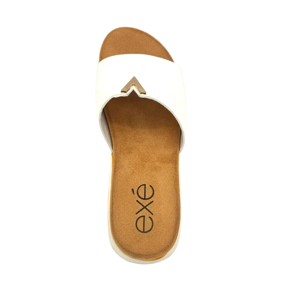 White: EXE BZX7271-VA58 wide-band slide sandal in white with gold-tone hardware detail and white low wedge sole