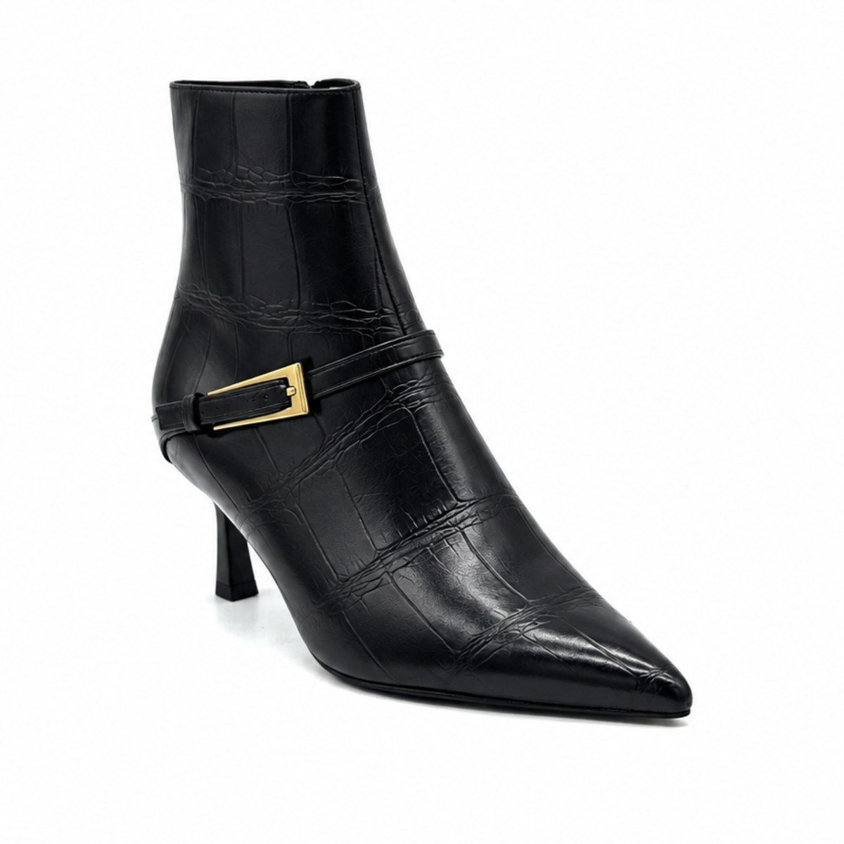 EXE Cala-313 croc-embossed ankle boot in black, three-quarter view