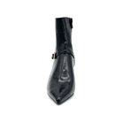 EXE Cala-313 croc-embossed ankle boot in black, front view with pointed toe