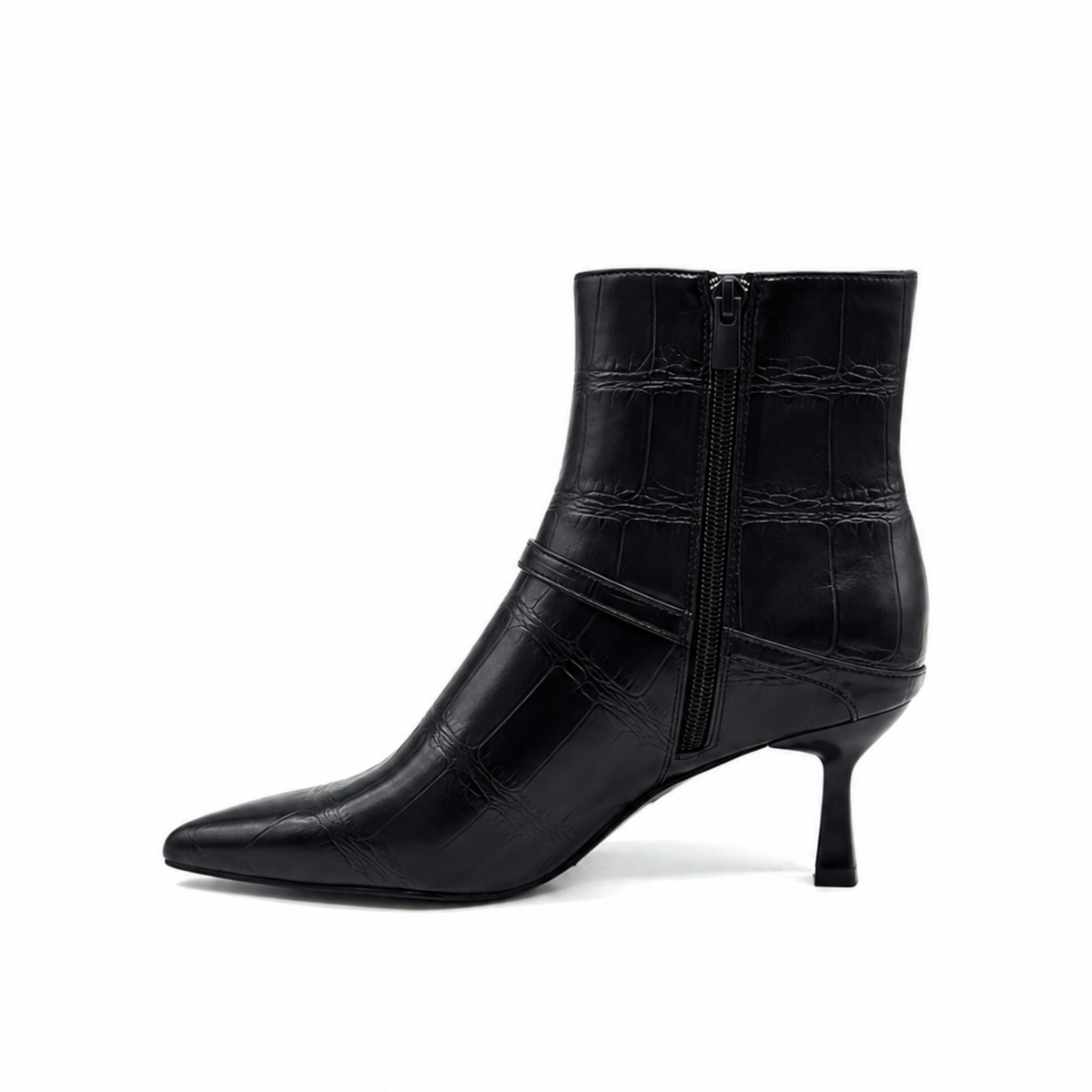 EXE Cala-313 croc-embossed ankle boot in black, inside profile with zip closure