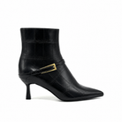 EXE Cala-313 croc-embossed ankle boot in black, outside profile with gold-tone buckle