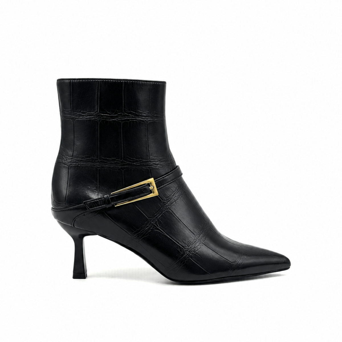 EXE Cala-313 croc-embossed ankle boot in black, outside profile with gold-tone buckle