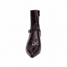EXE Cala-313 croc-embossed ankle boot in brown, front view with pointed toe