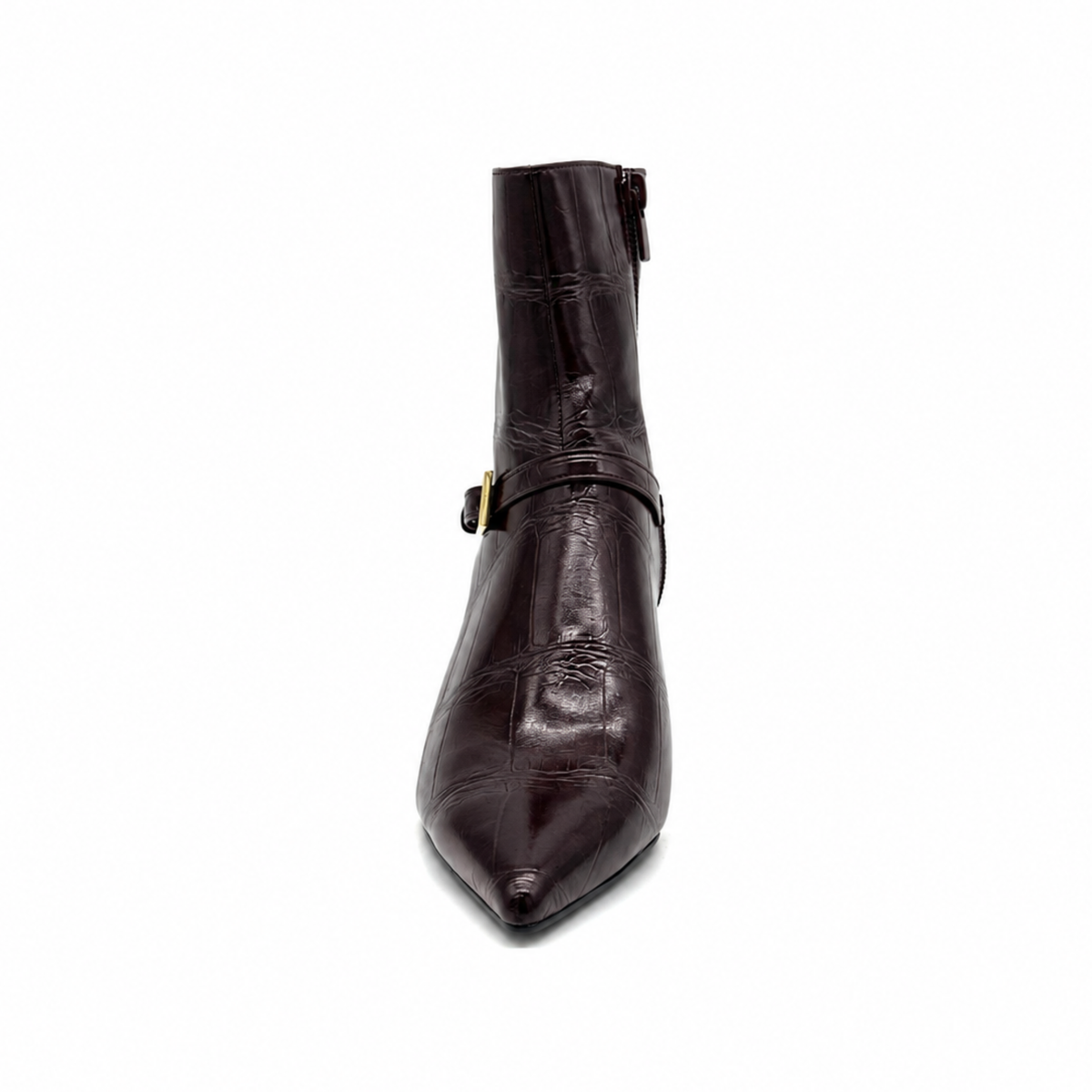 EXE Cala-313 croc-embossed ankle boot in brown, front view with pointed toe