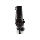 EXE Cala-313 croc-embossed ankle boot in brown, rear view with sculpted heel