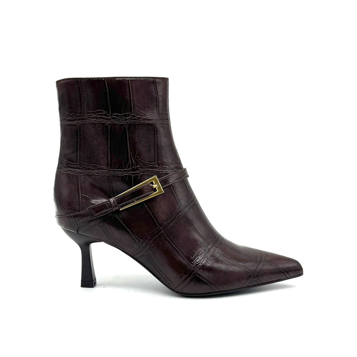 EXE Cala-313 croc-embossed ankle boot in brown, outside profile with gold-tone buckle