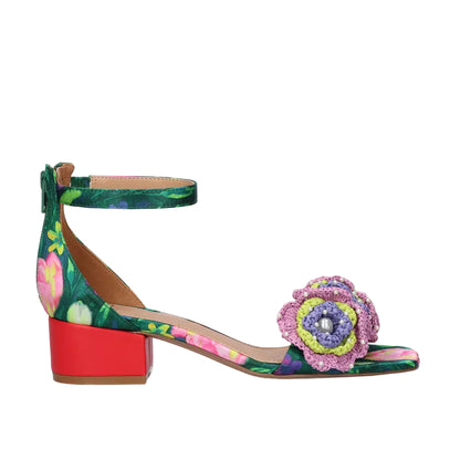 EXE Capri 400 green floral block heel sandals for women with ankle strap and decorative flower detail