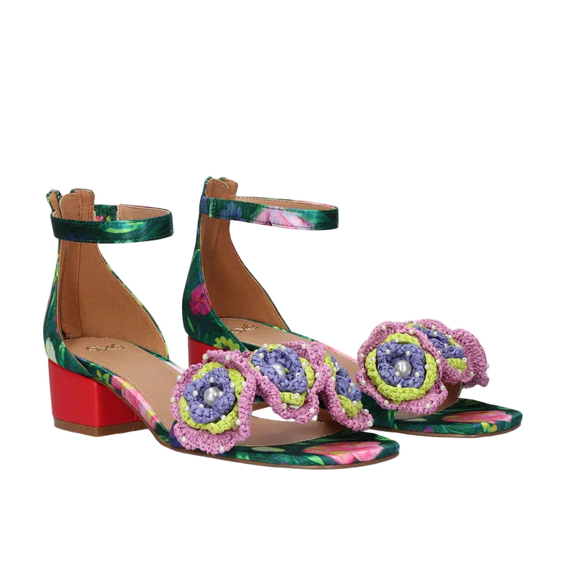 EXE Capri 400 green floral block heel sandals for women with ankle strap and decorative flower detail