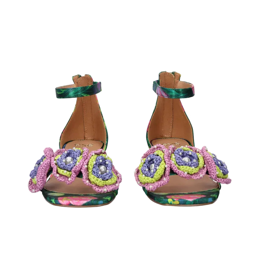 EXE Capri 400 green floral block heel sandals for women with ankle strap and decorative flower detail