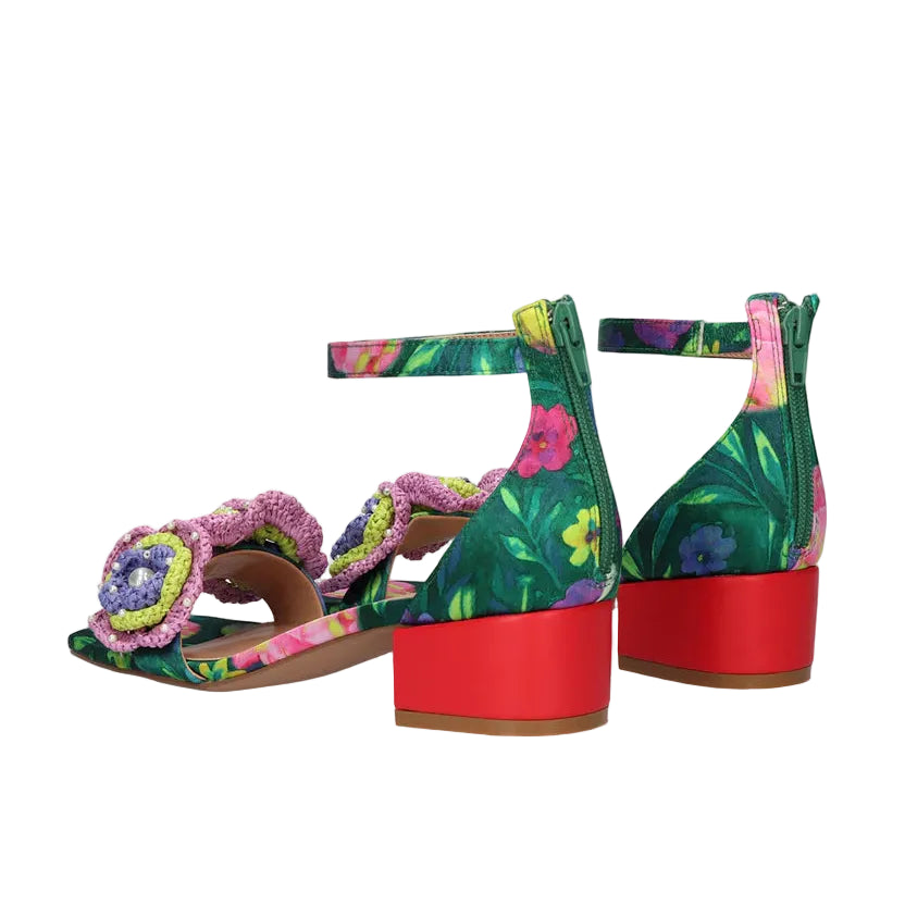 EXE Capri 400 green floral block heel sandals for women with ankle strap and decorative flower detail