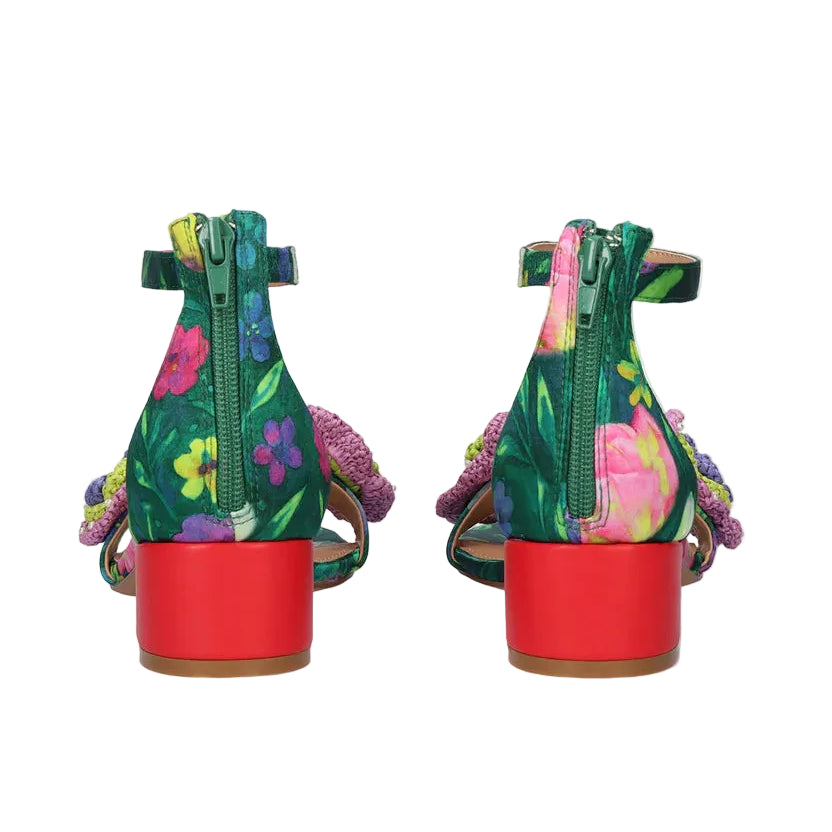 EXE Capri 400 green floral block heel sandals for women with ankle strap and decorative flower detail