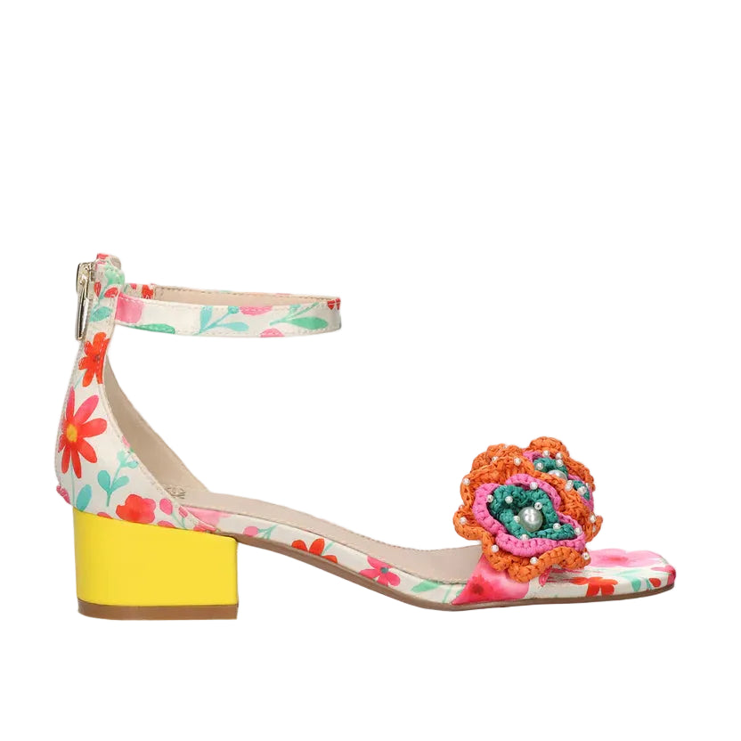 EXE Capri 400 white floral block heel sandals for women with low heel and colorful flower embellishment