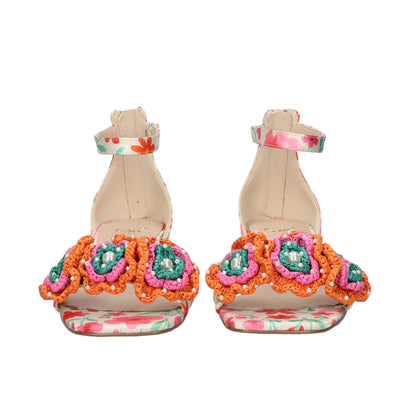 EXE Capri 400 white floral block heel sandals for women with low heel and colorful flower embellishment