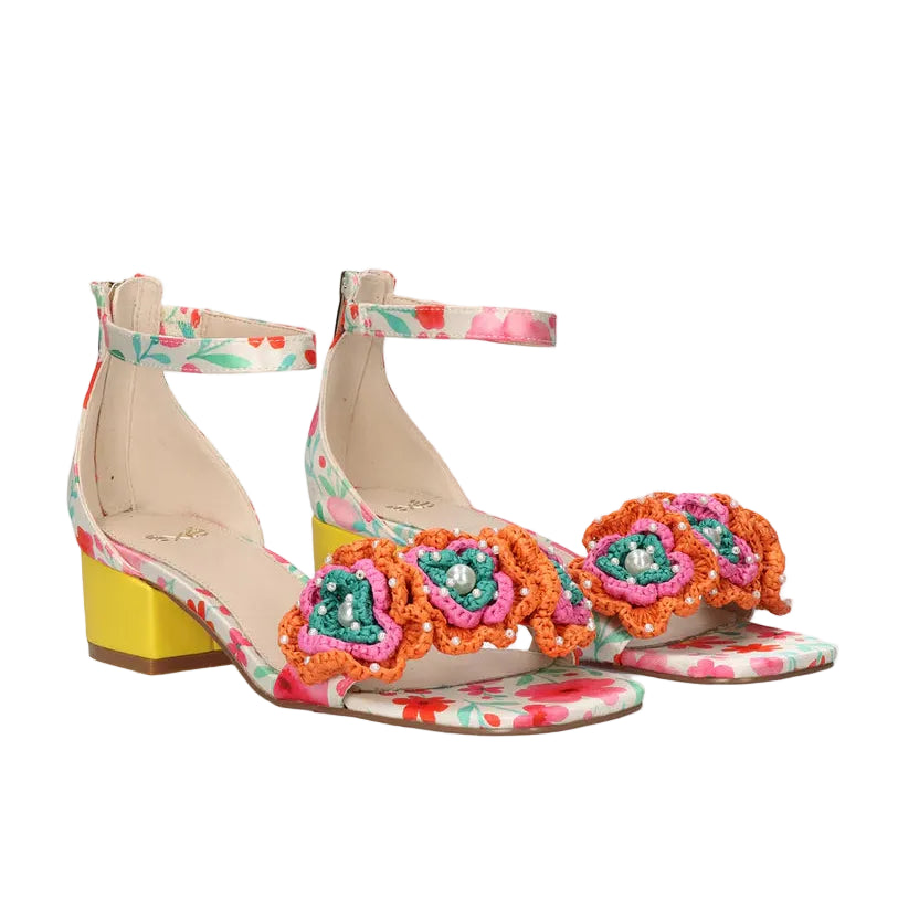 EXE Capri 400 white floral block heel sandals for women with low heel and colorful flower embellishment