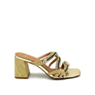 EXE Coco-933 jewel-knotted block heel slide sandal in gold with black and white crystal embellishment and snake-embossed block heel