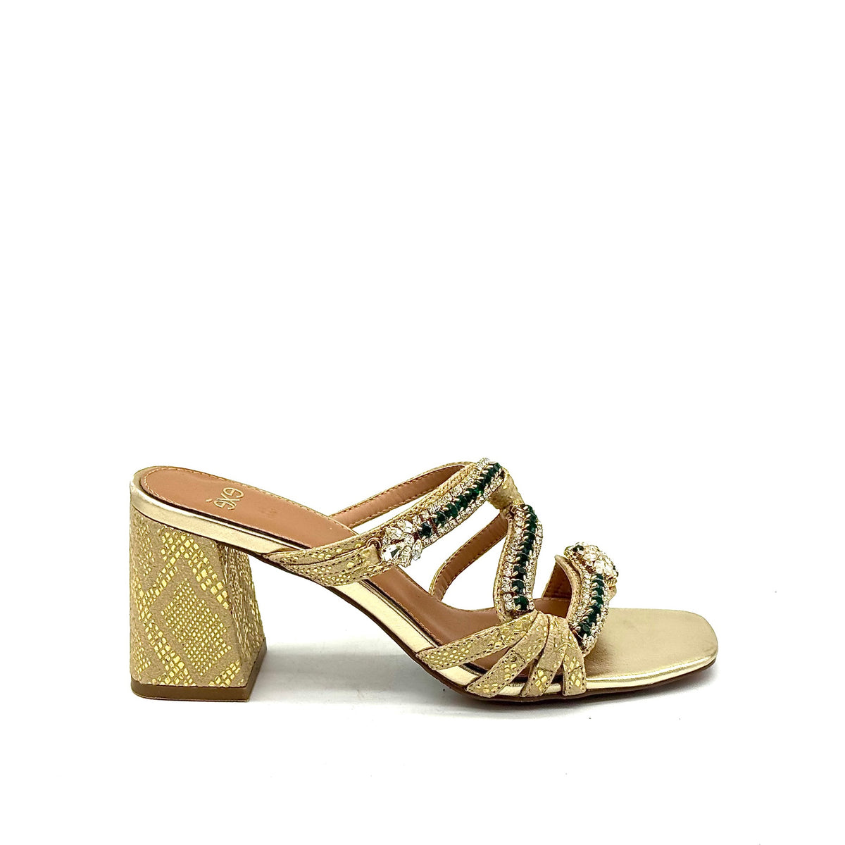EXE Coco-933 jewel-knotted block heel slide sandal in gold with black and white crystal embellishment and snake-embossed block heel