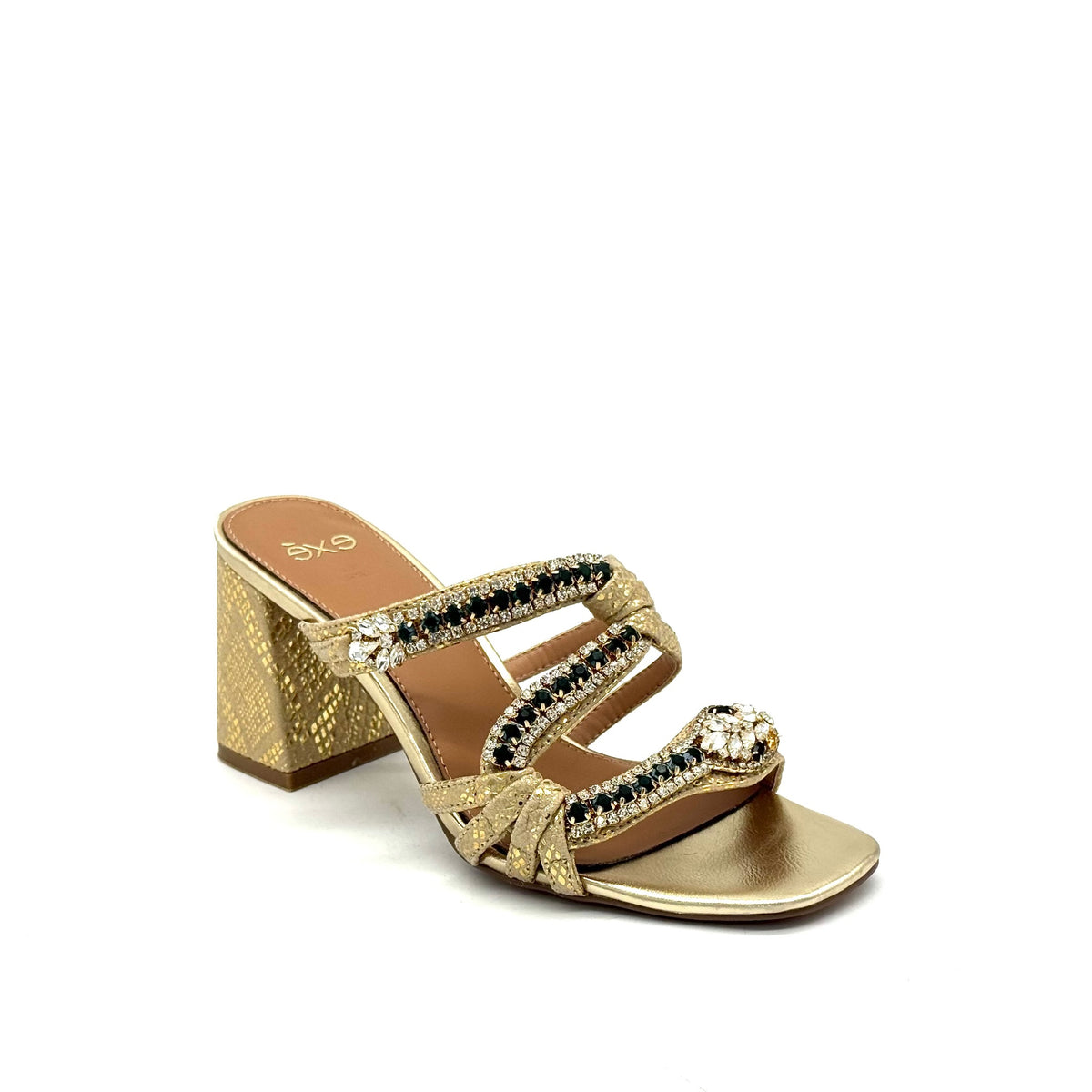 EXE Coco-933 jewel-knotted block heel slide sandal in gold with black and white crystal embellishment and snake-embossed block heel