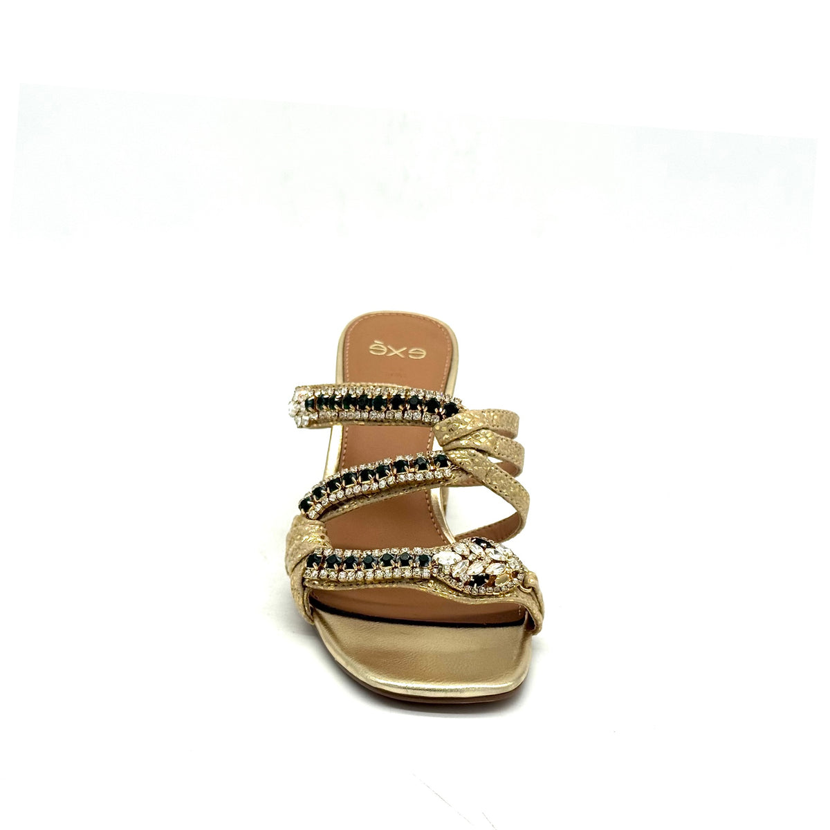 EXE Coco-933 jewel-knotted block heel slide sandal in gold with black and white crystal embellishment and snake-embossed block heel