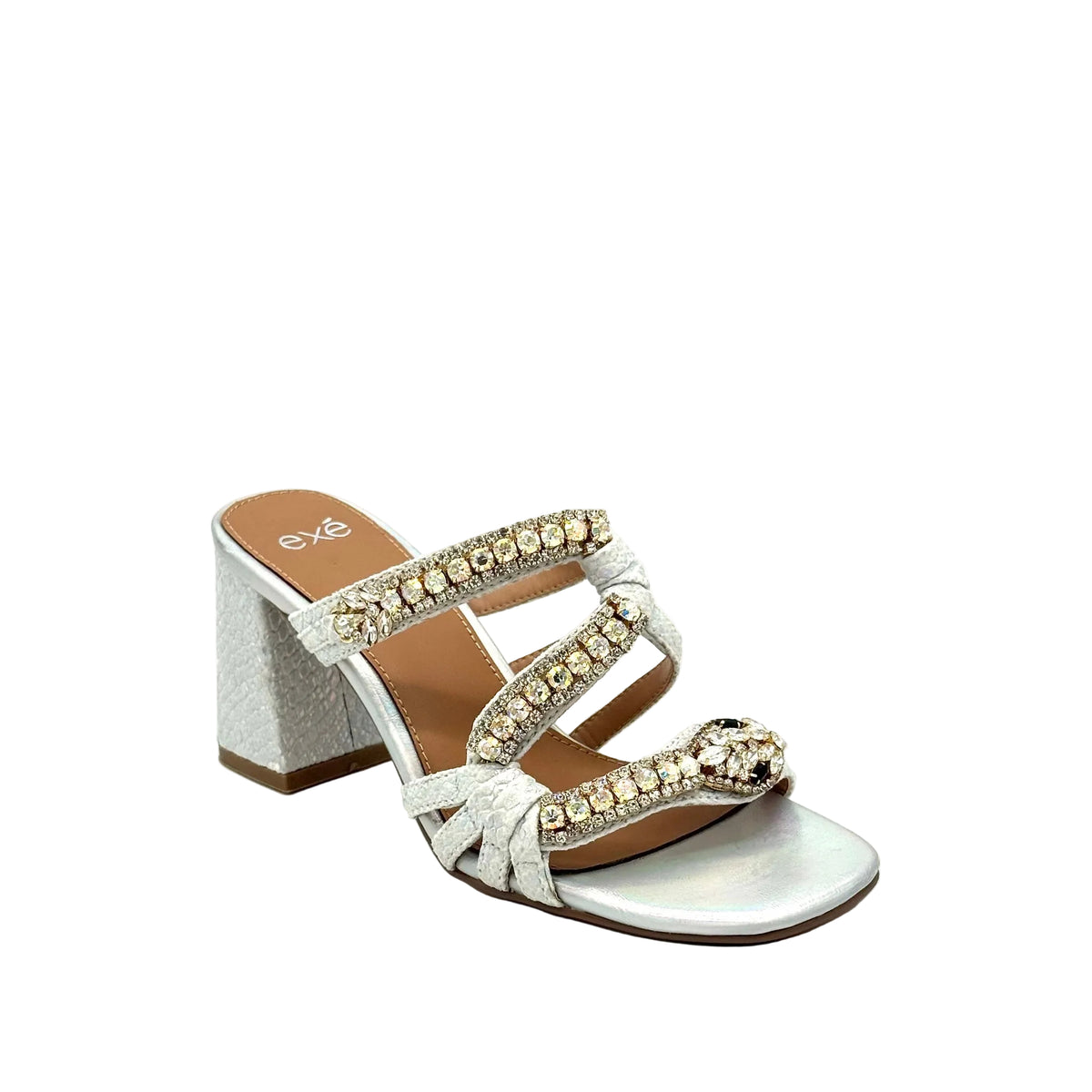 EXE Coco-933 jewel-knotted block heel slide sandal in silver with iridescent crystal embellishment and snake-embossed block heel