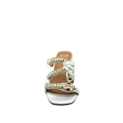 EXE Coco-933 jewel-knotted block heel slide sandal in silver with iridescent crystal embellishment and snake-embossed block heel