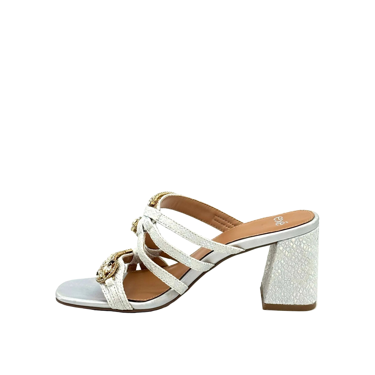 EXE Coco-933 jewel-knotted block heel slide sandal in silver with iridescent crystal embellishment and snake-embossed block heel