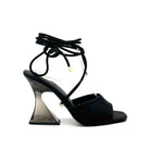 Black: EXE Crystal-706 black lace-up sandal with sculptural clear lucite heel and wrap ankle ties