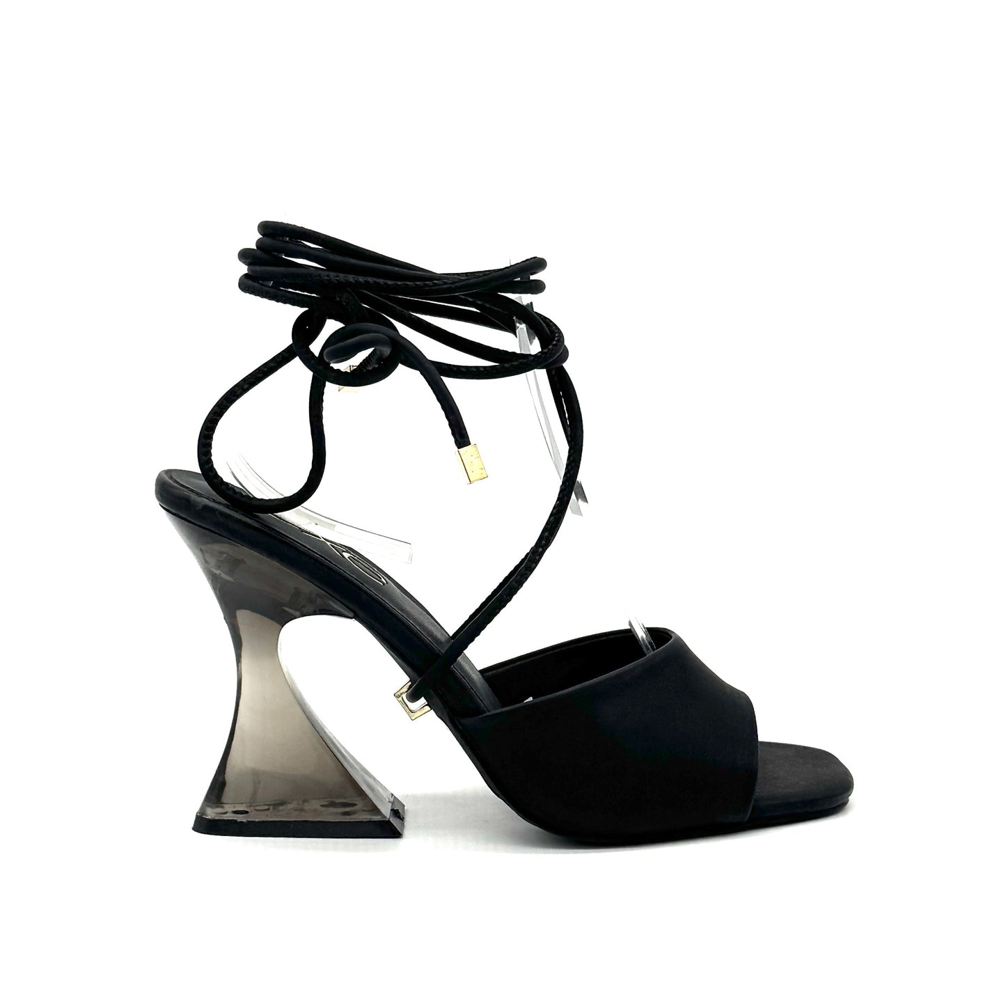 Black: EXE Crystal-706 black lace-up sandal with sculptural clear lucite heel and wrap ankle ties