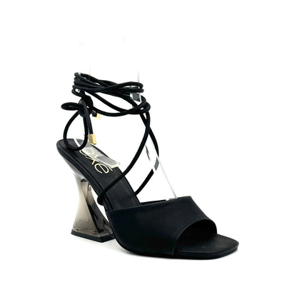 Black: EXE Crystal-706 black lace-up sandal with sculptural clear lucite heel and wrap ankle ties