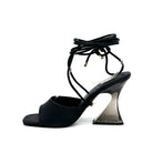 Black: EXE Crystal-706 black lace-up sandal with sculptural clear lucite heel and wrap ankle ties