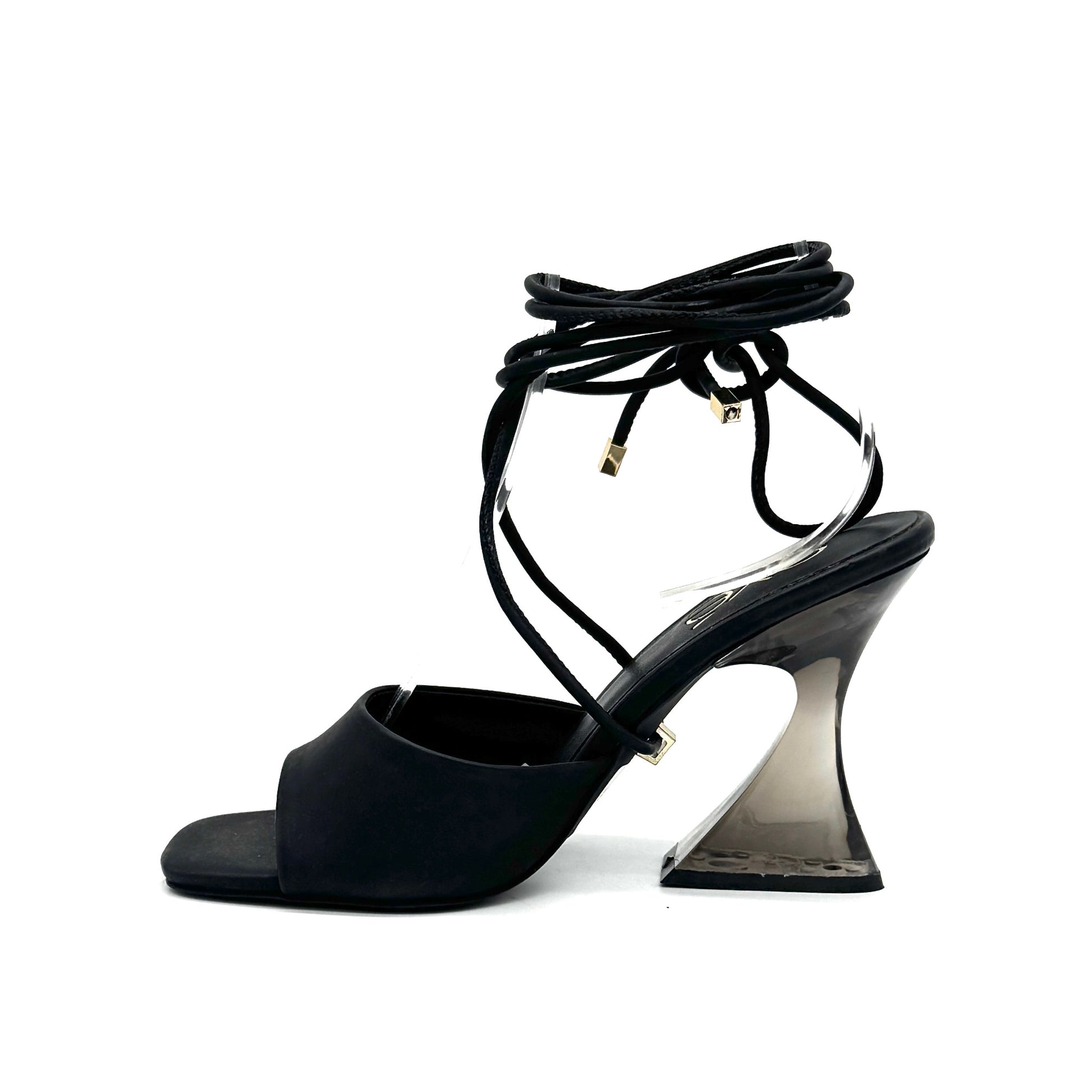 Black: EXE Crystal-706 black lace-up sandal with sculptural clear lucite heel and wrap ankle ties