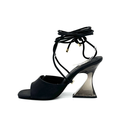 Black: EXE Crystal-706 black lace-up sandal with sculptural clear lucite heel and wrap ankle ties