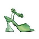 Green: EXE Crystal-706 green lace-up sandal with sculptural clear lucite heel and wrap ankle ties
