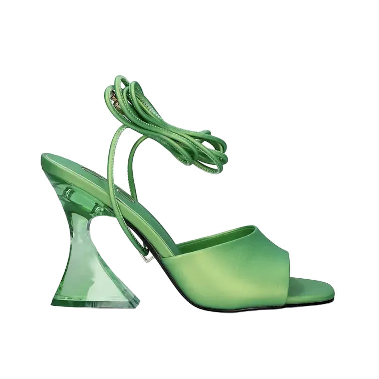 Green: EXE Crystal-706 green lace-up sandal with sculptural clear lucite heel and wrap ankle ties