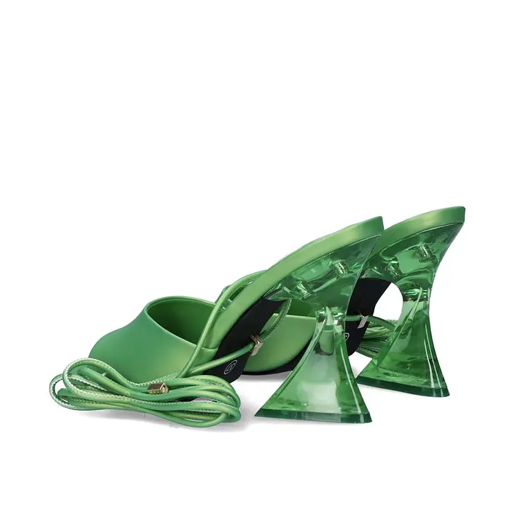 Green: EXE Crystal-706 green lace-up sandal with sculptural clear lucite heel and wrap ankle ties