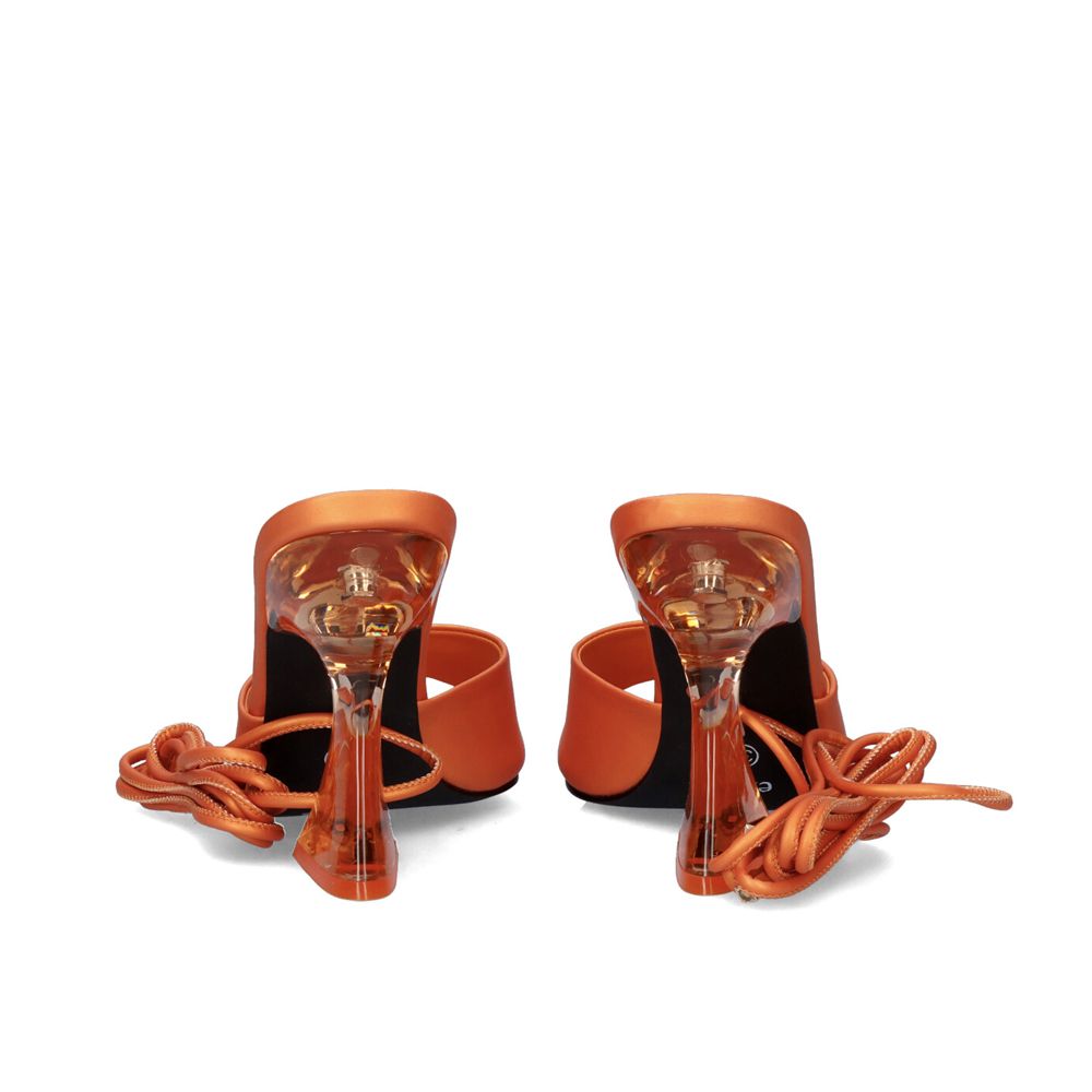 Orange: EXE Crystal-706 orange lace-up sandal with sculptural clear lucite heel and wrap ankle ties