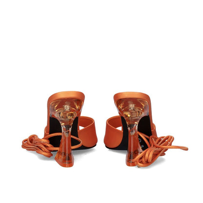 Orange: EXE Crystal-706 orange lace-up sandal with sculptural clear lucite heel and wrap ankle ties