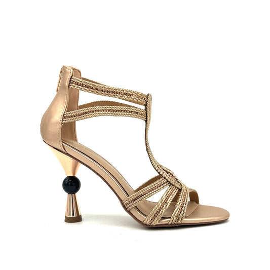 Rose Gold: EXE Diva-330 braided rope T-strap sculptural heel sandal in rose gold with black sphere heel detail, side view