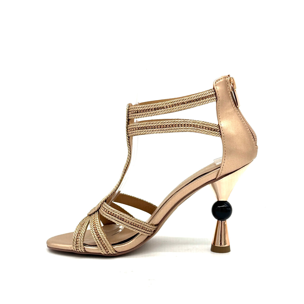 Rose Gold: EXE Diva-330 braided rope T-strap sculptural heel sandal in rose gold with black sphere heel detail, side view