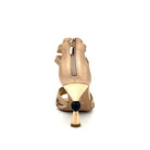 Rose Gold: EXE Diva-330 braided rope T-strap sculptural heel sandal in rose gold with black sphere heel detail, side view