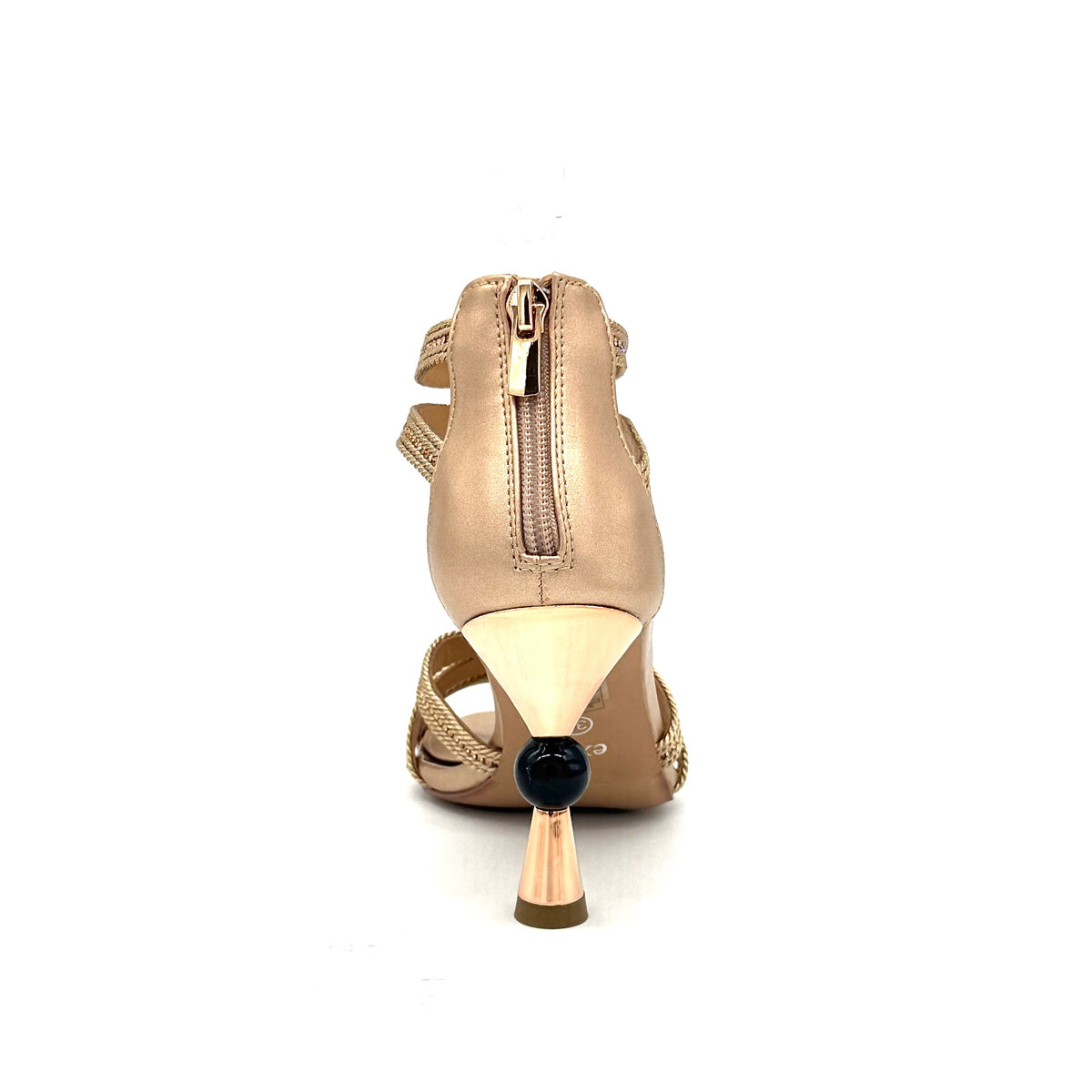 Rose Gold: EXE Diva-330 braided rope T-strap sculptural heel sandal in rose gold with black sphere heel detail, side view