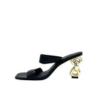 Black: EXE Dolly-155 double-strap chain-link heel slide sandal in black with textured upper and gold sculptural chain-link heel, side view