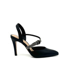 Black: EXE Garde-294 black pointed toe slingback heel with rhinestone strap detail