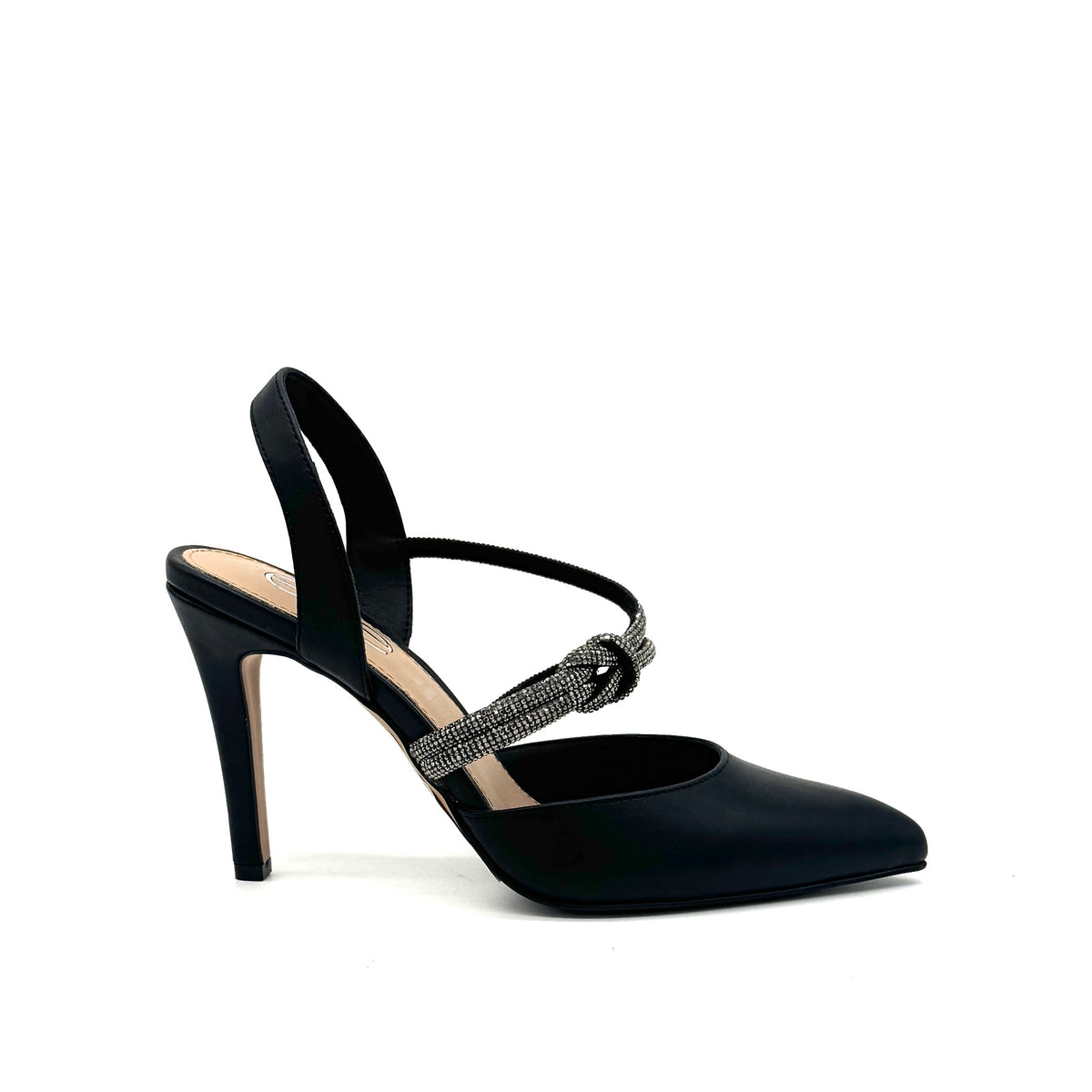 Black: EXE Garde-294 black pointed toe slingback heel with rhinestone strap detail
