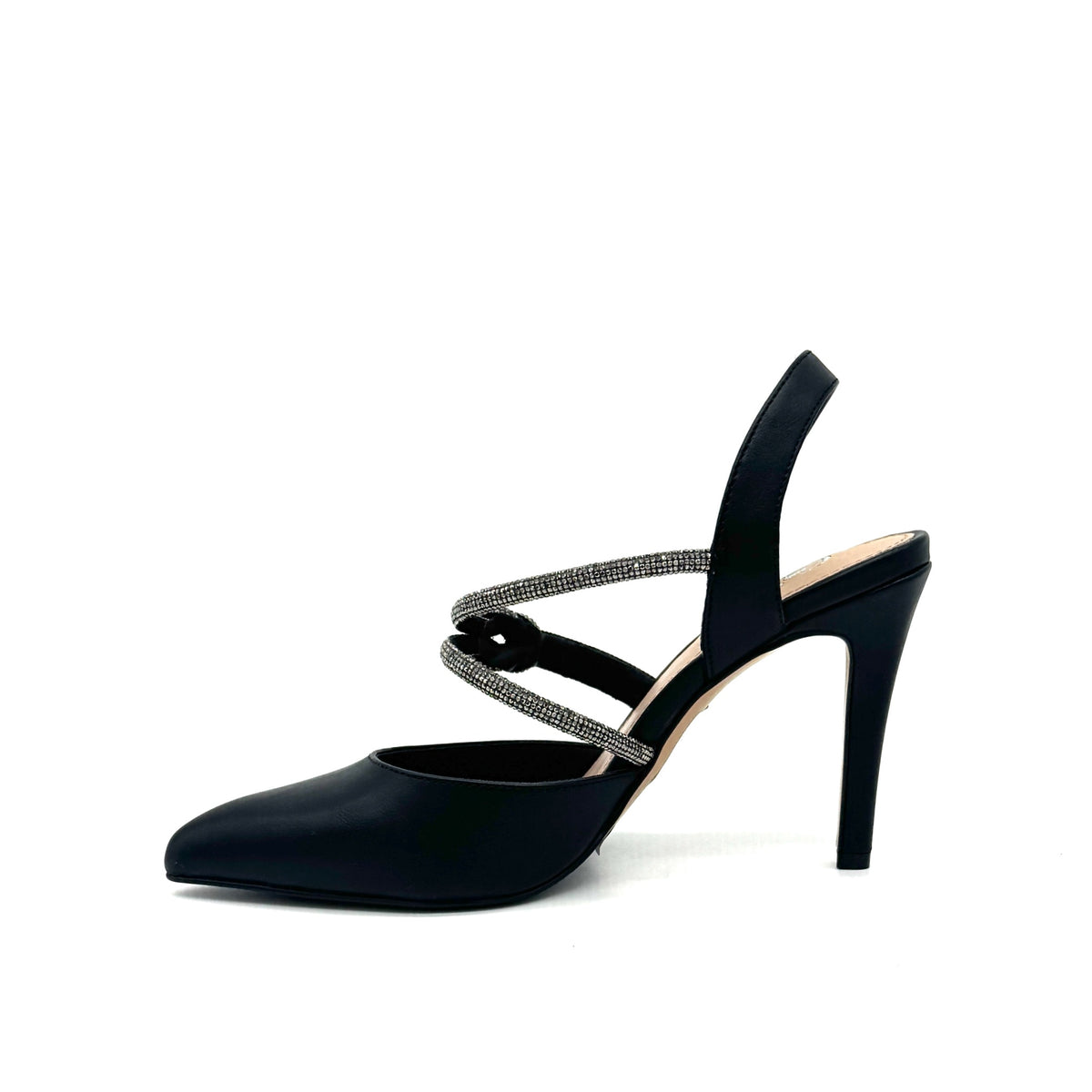 Black: EXE Garde-294 black pointed toe slingback heel with rhinestone strap detail