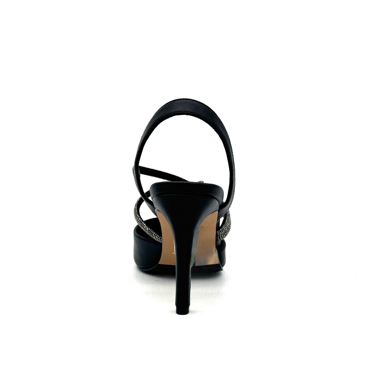 Black: EXE Garde-294 black pointed toe slingback heel with rhinestone strap detail