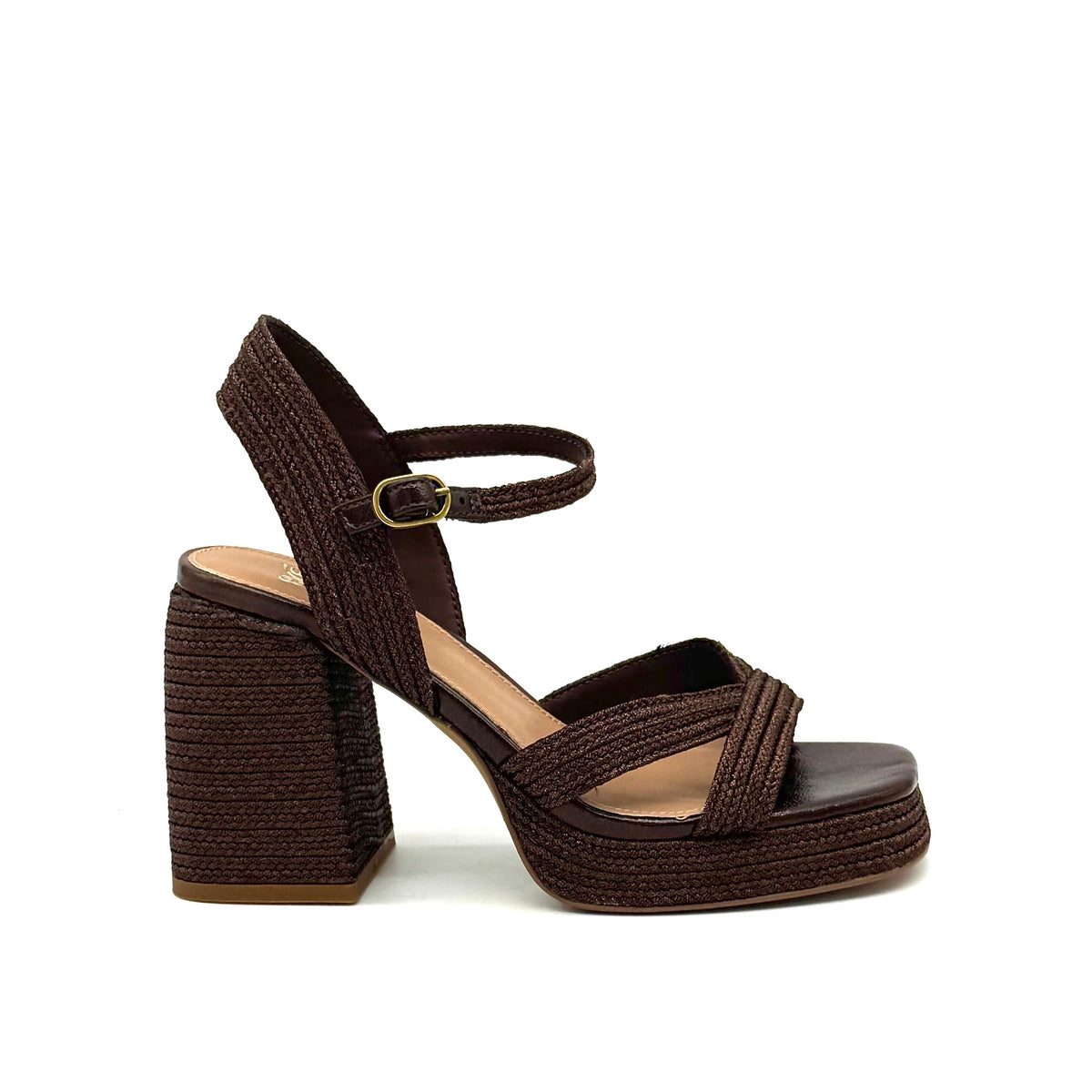 EXE Havana-002 woven platform block heel sandal in brown with crossover straps and ankle strap buckle closure, side view