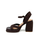 EXE Havana-002 woven platform block heel sandal in brown with crossover straps and ankle strap buckle closure, side view