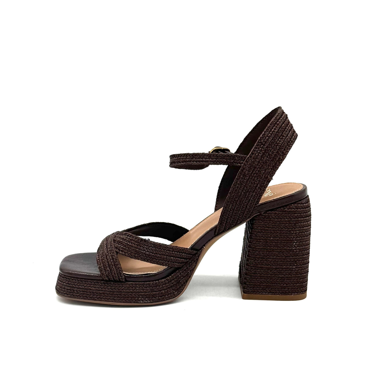 EXE Havana-002 woven platform block heel sandal in brown with crossover straps and ankle strap buckle closure, side view