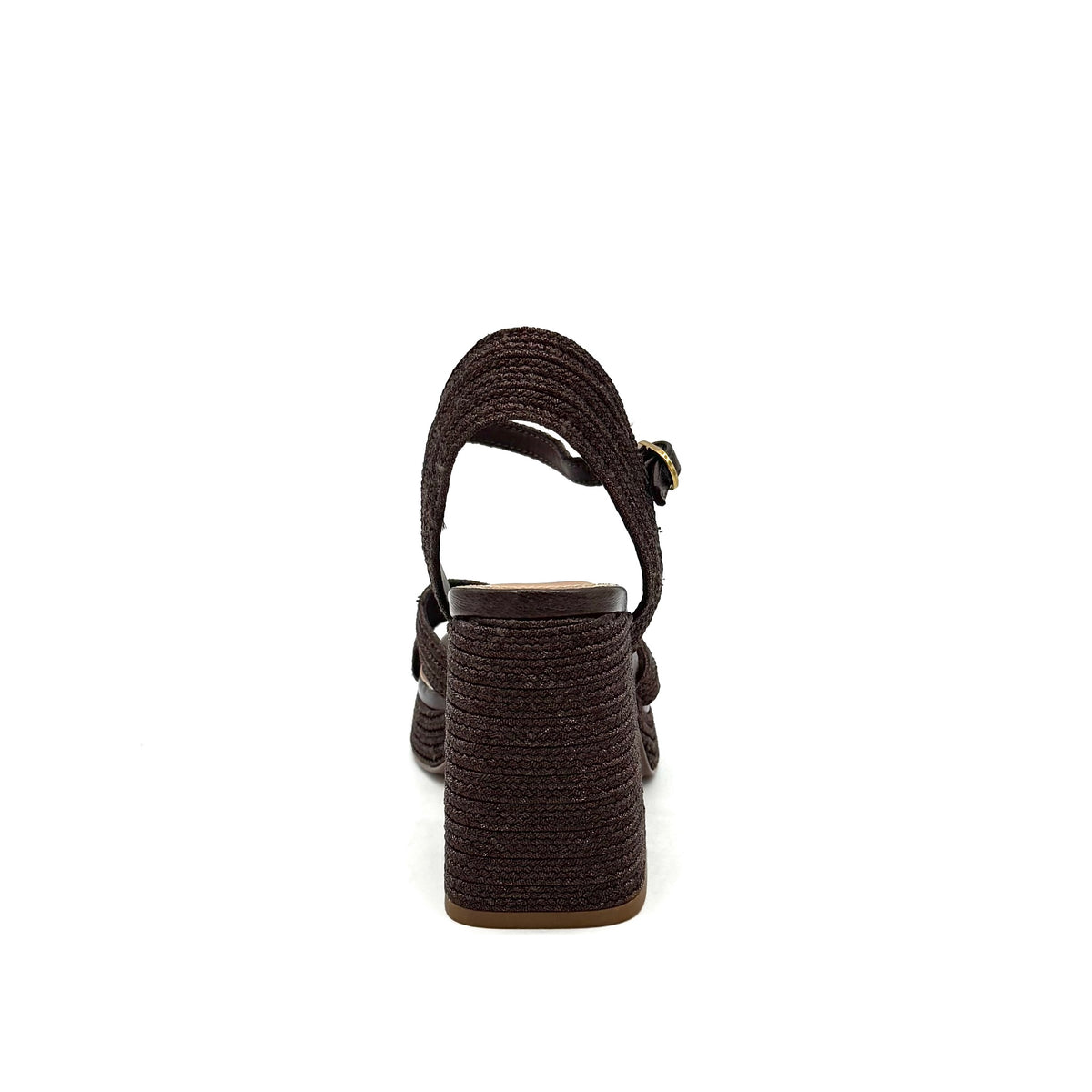 EXE Havana-002 woven platform block heel sandal in brown with crossover straps and ankle strap buckle closure, side view